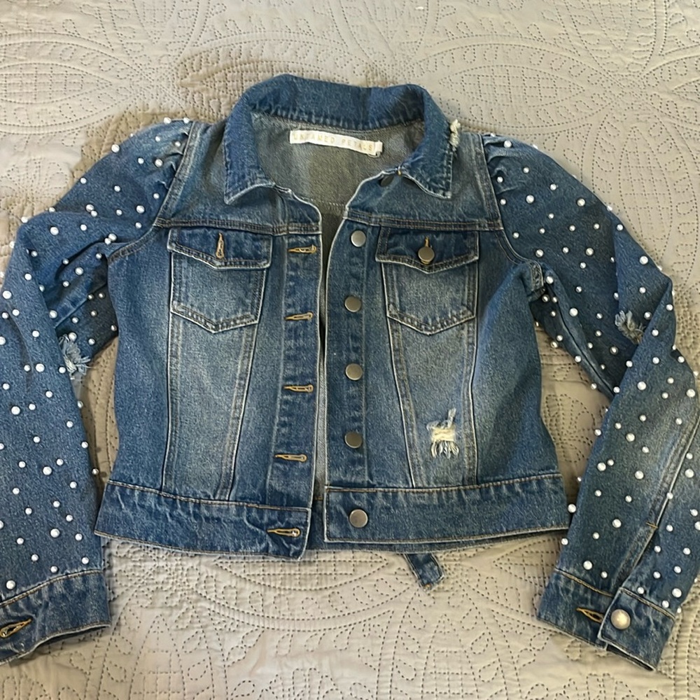 Untamed Petals Pearl Encrusted Puff Sleeve Denim Jacket